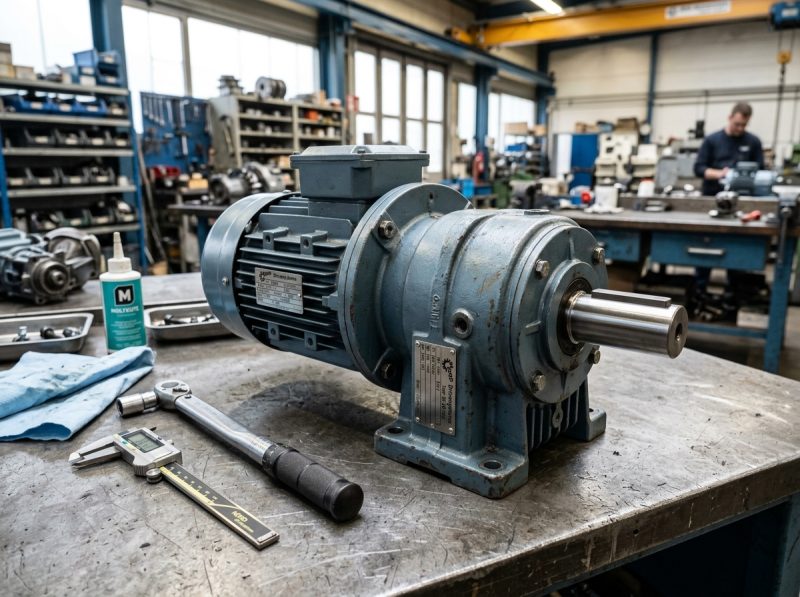 Motoréducteur hélicoïdal industriel révisé en atelier avec contrôle des jeux